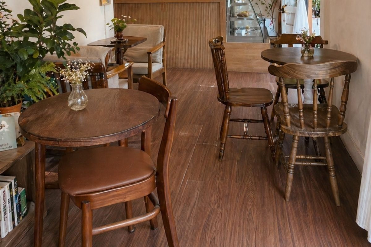 bàn ghế mộc mạc trong nhà hàng uncle nick’s cafe