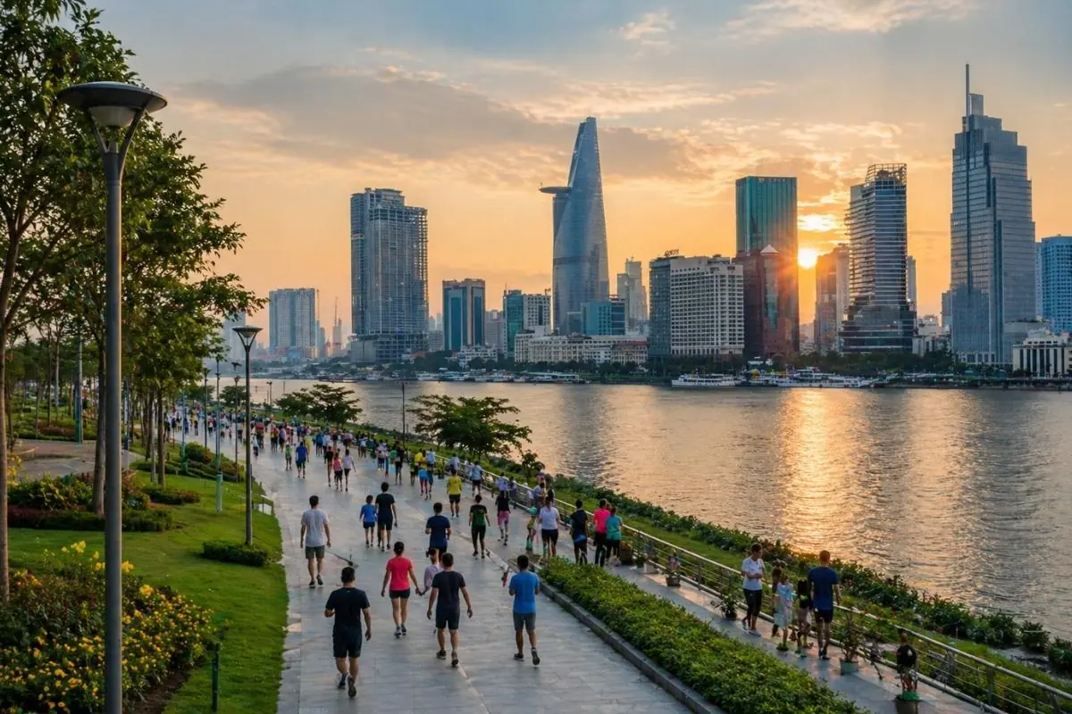 công viên bờ sông sài gòn lúc hoàng hôn với nhiều người đi bộ