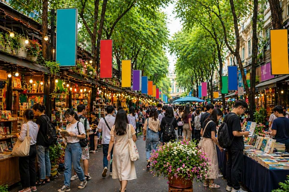 không khí nhộn nhịp tại đường sách nguyễn văn bình với nhiều gian hàng sách