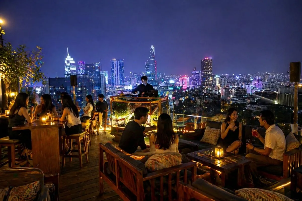 không khí rooftop bar ngắm sài gòn lung linh giữa đêm