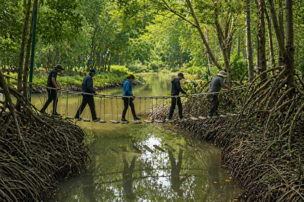 khu du lịch thái vàm sát với rừng ngập mặn và cầu tre bắc qua kênh