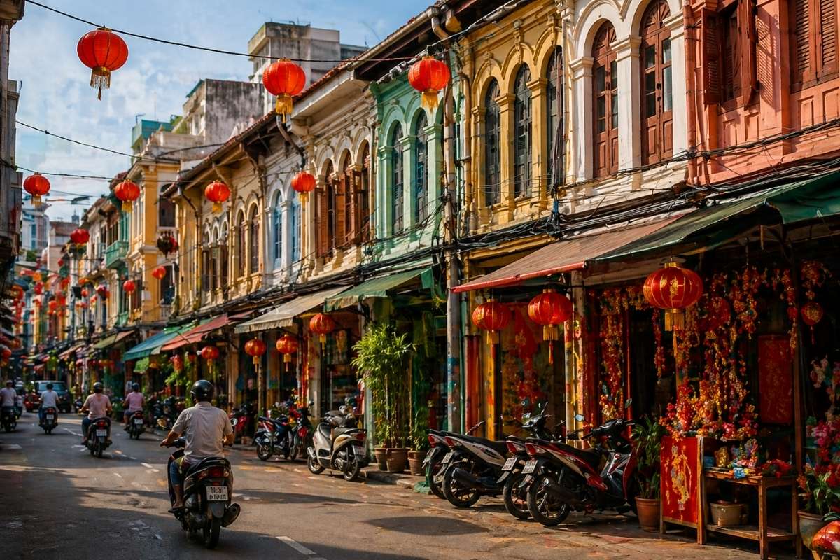 phố người hoa với dãy nhà cổ và cửa hàng truyền thống đông đúc