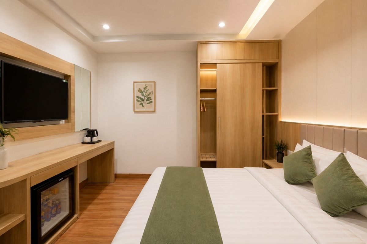 modern bedroom at Prague Saigon Airport Hotel with convenient and cozy amenities