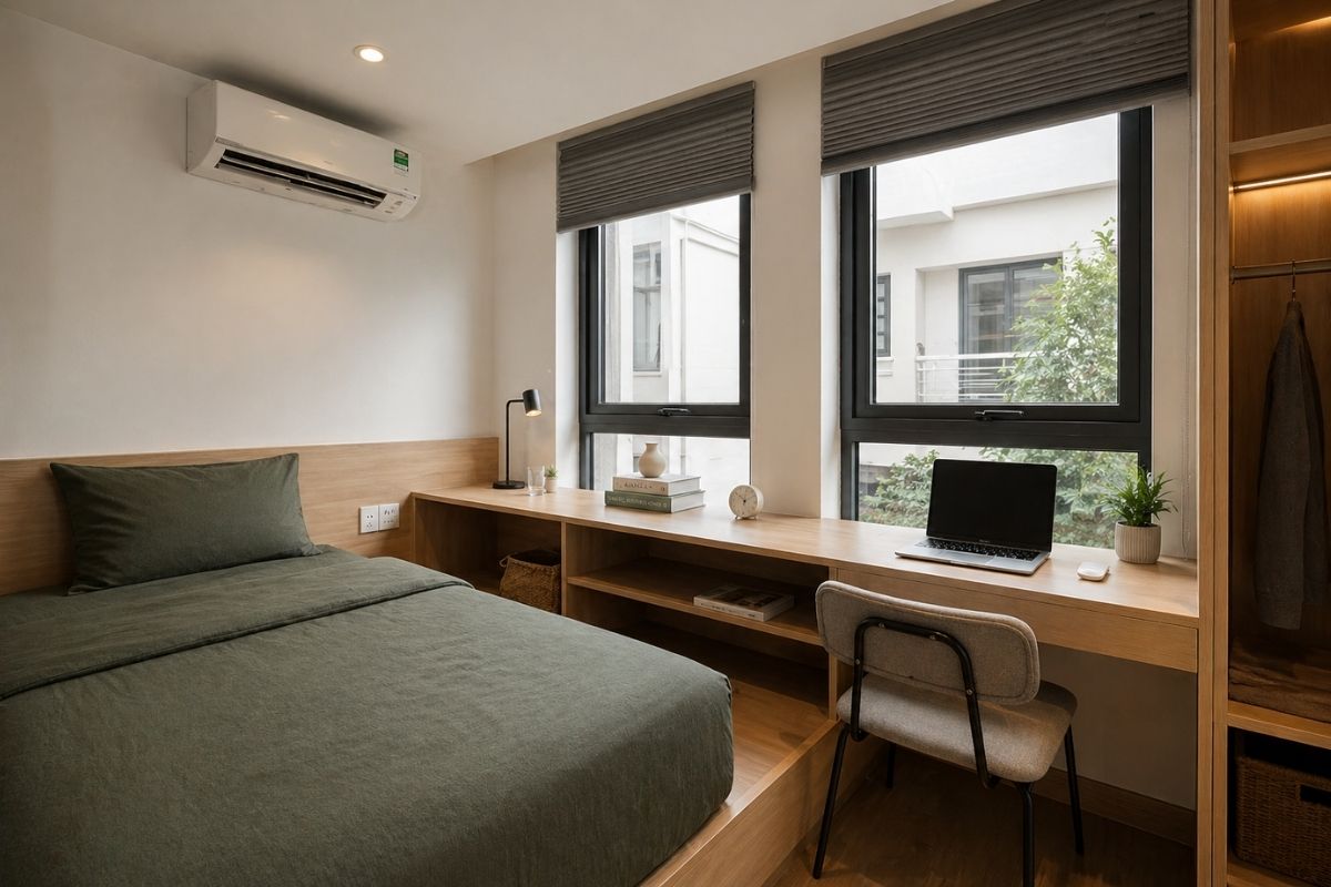 minimalist bedroom at M Village Living Cuu Long near Tan Son Nhat Airport