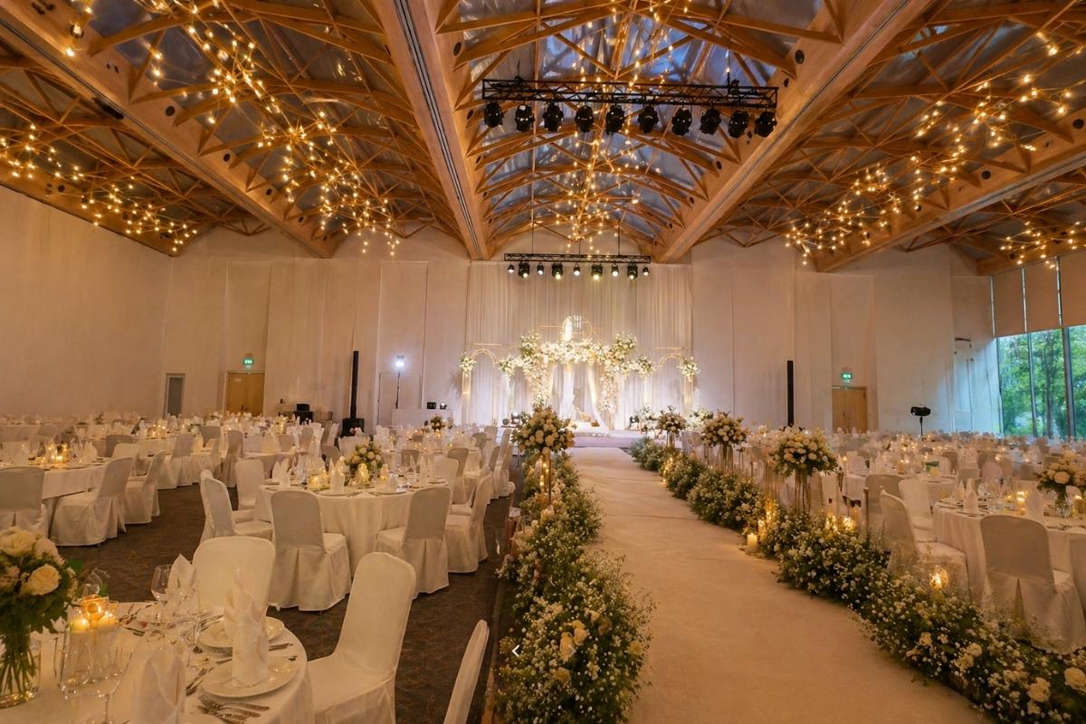 spacious wedding hall in Phu Nhuan decorated with warm lighting and elegant details